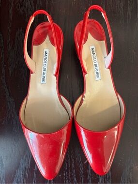 Manolo Blahnik Red Patent Slingback Pointed Toe Pumps